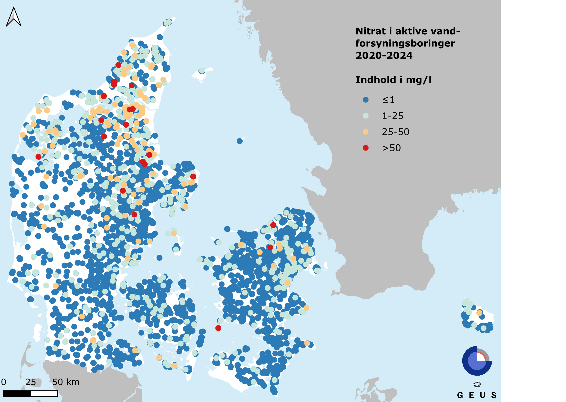Nitratindholdet i grundvandet i 6.019 vandforsyningsboringer fordelt på fire koncentrations-klasser. 