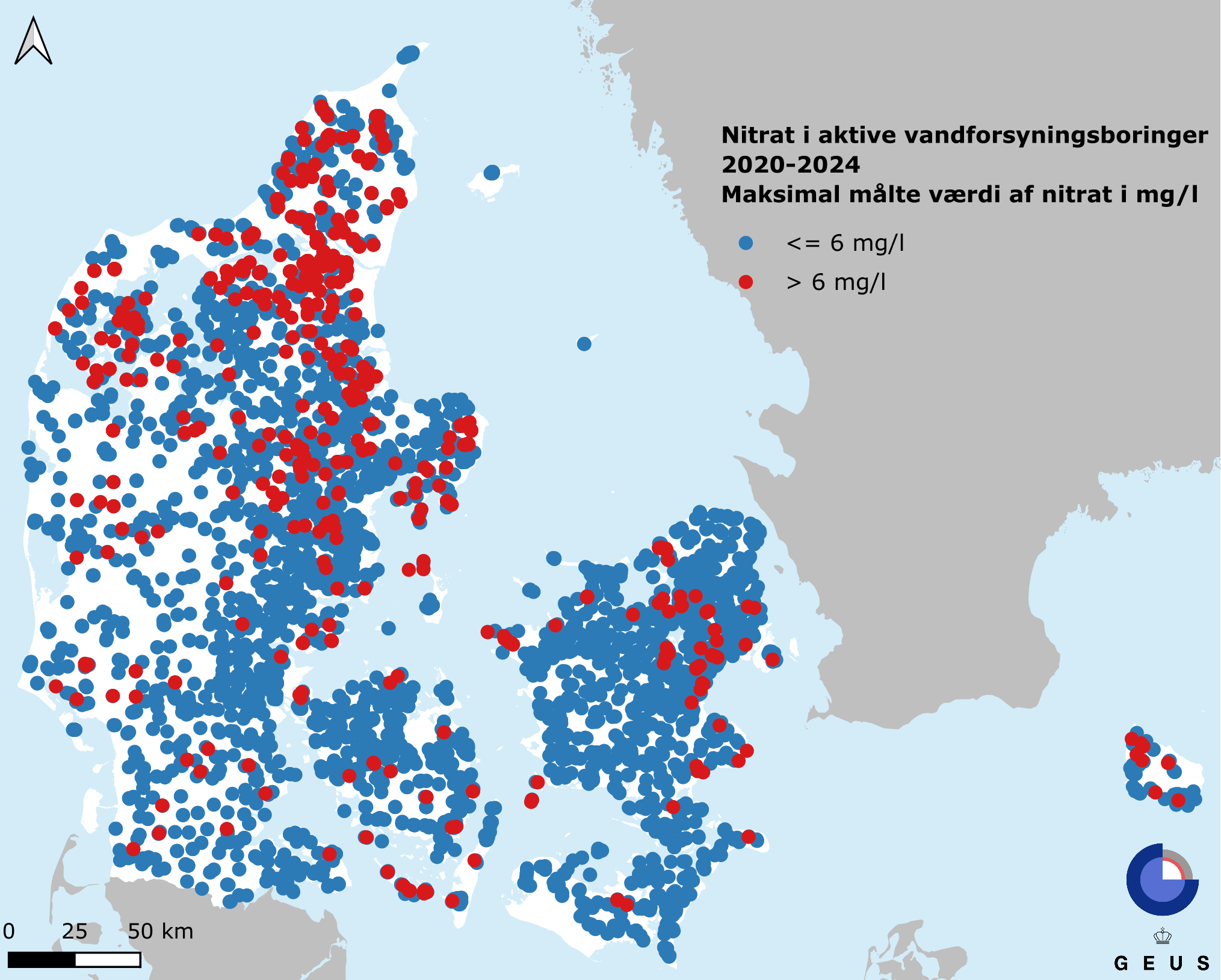 Nitratindholdet i 6.019 vandforsyningsboringer målt i perioden 2020-2024.